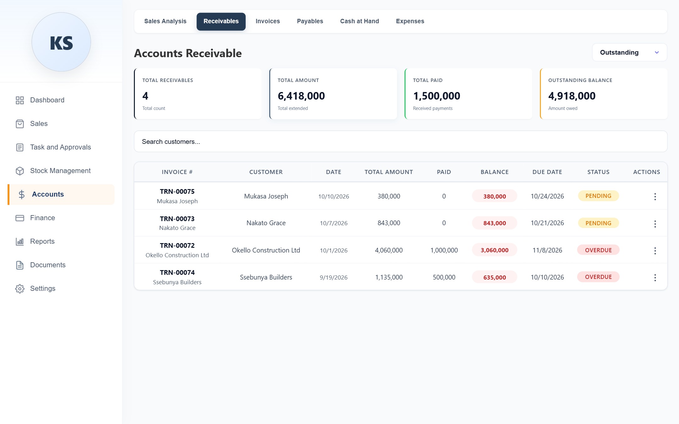Accounts receivable screen listing contractors with balances, due dates and overdue status