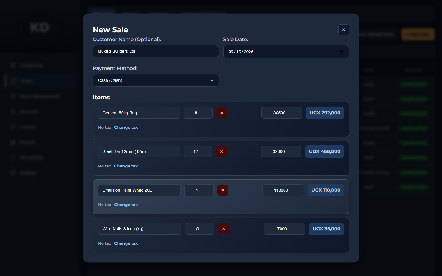New sale screen in Lefori Shopmaster listing cement, steel bars, paint and nails with quantities, prices and line totals