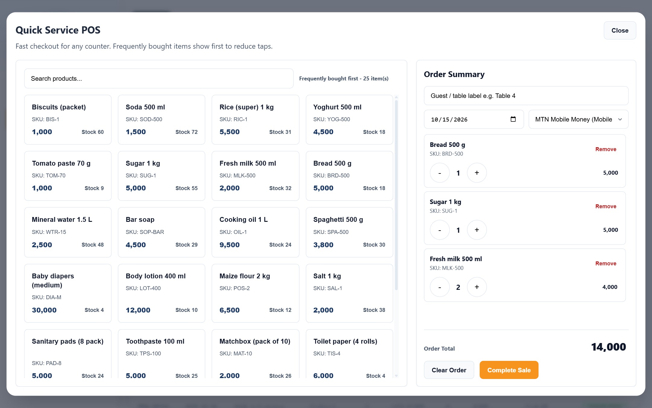 Lefori Shopmaster checkout screen with items in the cart